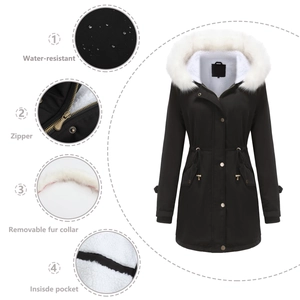 Black women's parka featuring waterproof fabric, metal zipper, and detachable fur collar