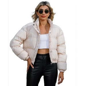 Women's cream short puffer jacket with high collar and loose fit for winter warmth