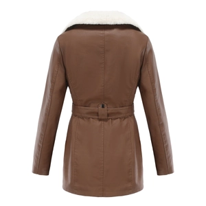 Rear view of brown PU leather jacket with faux fur collar and adjustable waist belt