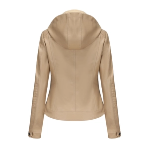 Rear view of khaki hooded leather jacket for women with detailed stitching and metal buttons
