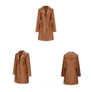 Three-view layout of a long caramel faux leather trench coat with classic lapels and buttons