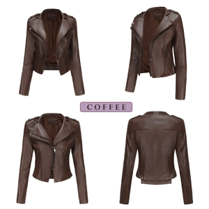 Detail view of coffee PU leather biker jacket with rivets and quilted patterns
