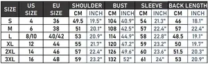 Detailed size chart for women's leather jacket with S-3XL measurements in CM and INCH
