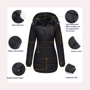 Detailed views of detachable hood and water-resistant fabric on women's winter parka