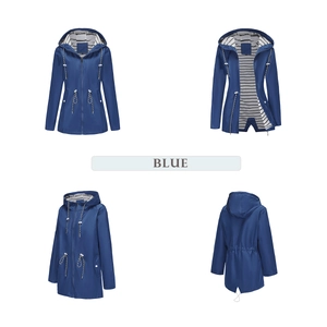 Detail view of women's long hooded raincoat in dark blue with striped lining details