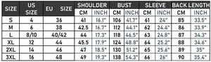 Detailed size chart for women's raincoat showing CM and INCH measurements for S to 3XL