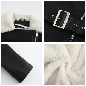 Detail of black PU leather jacket with white faux fur collar and adjustable waist belt
