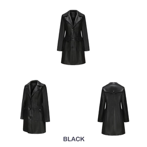 Three-way view of a black long-sleeve leather trench coat with notched lapels and large pockets