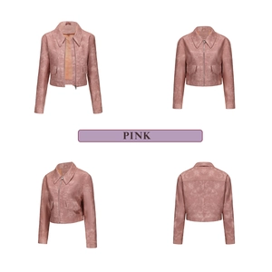 Detail view of pink faux leather biker jacket with metallic zippers and front flap pockets