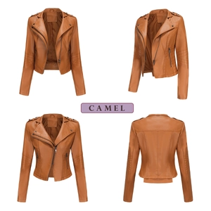 Detailed four-way views of camel slim fit moto jacket with lapel and zipper accents
