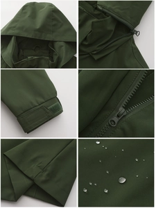 Detail view of water-resistant green jacket with removable hood and adjustable cuffs