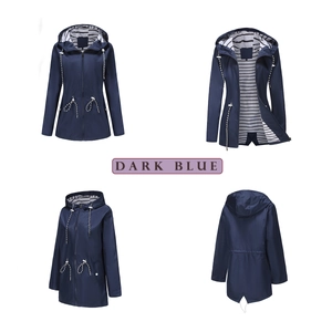 Detailed four-way views of dark blue hooded raincoat with striped lining and drawstrings