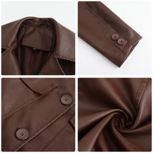 Detailed views of dark brown faux leather trench coat featuring collar and buttoned cuffs