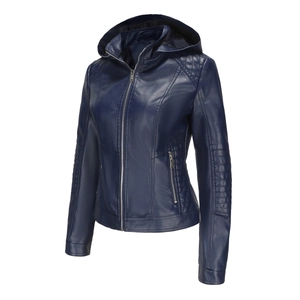 Detailed view of navy blue faux leather jacket with horizontal quilted stitching on sleeves