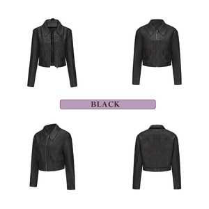 Detail view of black faux leather jacket showing front, side and back perspectives