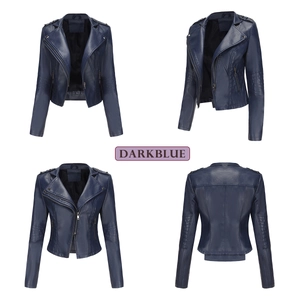 Detailed views of women's dark blue slim fit biker jacket with metallic zipper and pleated sleeves