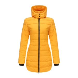 Detail view of water-resistant bright yellow quilted winter parka with hood and black zipper