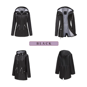 Detail view of black waterproof raincoat with striped lining and adjustable drawstring waist
