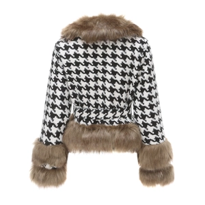Detailed back view of houndstooth wool jacket with brown faux fur trim and waist belt