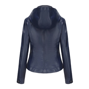Back view of a navy blue hooded leather jacket with slimming seam details and premium texture