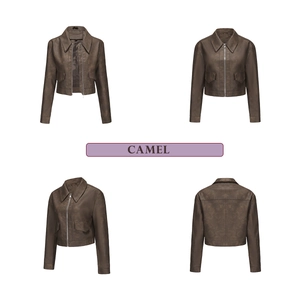 Detailed views of camel faux leather jacket featuring classic lapels and metallic zipper