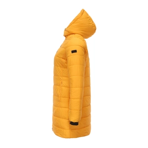 Detail of yellow quilted winter parka showing horizontal stitching and windproof cuffs