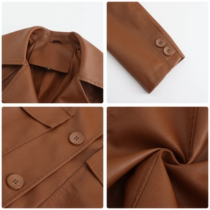 Detail view of caramel brown leather coat featuring collar, buttons, and stitching texture