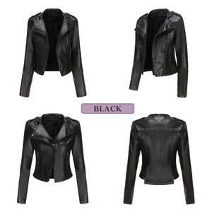 Detail of black PU leather biker jacket featuring zippered pockets and pleated sleeve textures