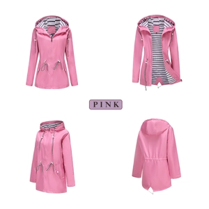 Detail views of pink hooded raincoat featuring stripe lining and drawstring waist design