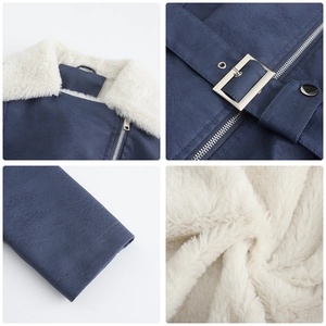 Detail view of the navy faux leather jacket featuring white faux fur collar and silver zipper