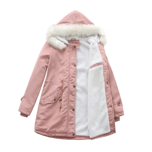 Pink winter parka detail with soft white faux fur lining and adjustable waist drawstring