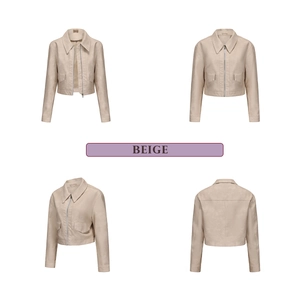 Detail view of beige PU leather jacket with lapel collar and front zip in four angles