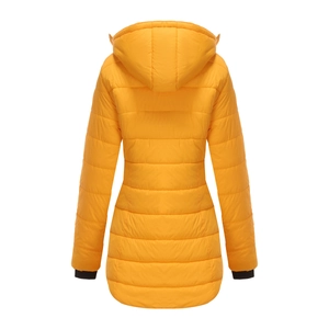 Rear view of yellow quilted padded jacket with detachable hood and windproof rib cuffs