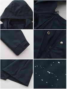 Detail of water-resistant fabric with raindrops and detachable hood on navy windbreaker