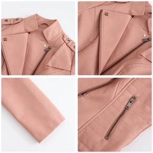 Detailed close-up of pink faux leather jacket showing metallic rivets and zipper hardware