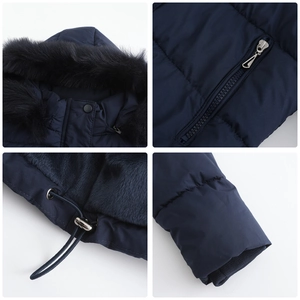 Detail view of winter jacket featuring fur hood, zip pockets, and warm fleece lining
