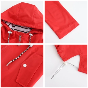 Detailed views of red water-resistant jacket showing striped lining and drawstring hood