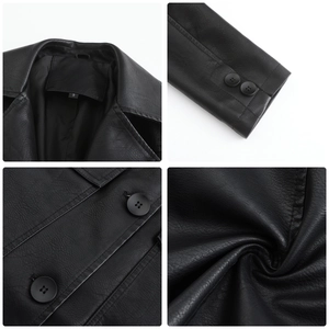 Black long leather trench coat featuring lapel collar, buttons and textured finish