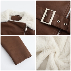Detailed views of brown biker jacket with plush fleece lining and silver metal belt buckle