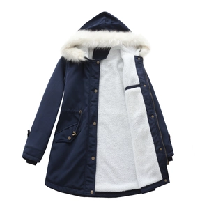 Detail of navy blue winter parka with fluffy white faux fur collar and warm fleece lining