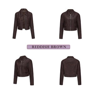 Detailed views of a reddish brown cropped faux leather jacket with metal zippers and pockets