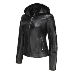 Close-up detail of black PU leather jacket with quilted textures and metal zippers