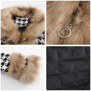 Detail of houndstooth jacket featuring brown faux fur collar and quilted lining