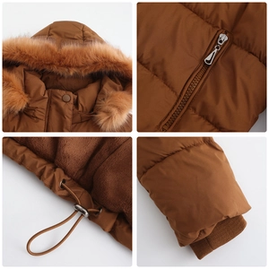Detail of brown quilted coat showing fur hood, metal zipper, and fleece lining textures