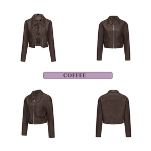 Detail view of coffee brown faux leather jacket with lapel collar and flap pockets