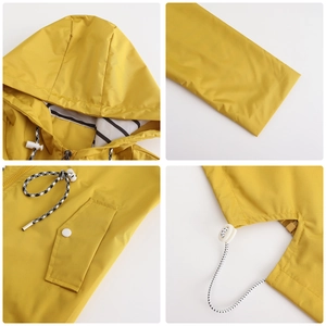 Detail view of yellow hooded raincoat showing striped lining, drawstrings and snap pockets