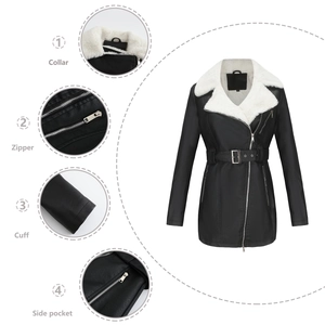 Detailed views of faux leather jacket showing fur collar, zipper, cuffs, and side pockets