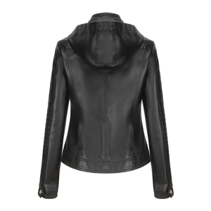 Detail view of the back of a black hooded faux leather jacket with metal cuff buttons