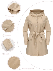 Detail view of khaki water-resistant hooded trench coat with adjustable waist and cuffs