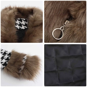 Detail shots of faux fur collar, houndstooth fabric, silver zipper and quilted lining